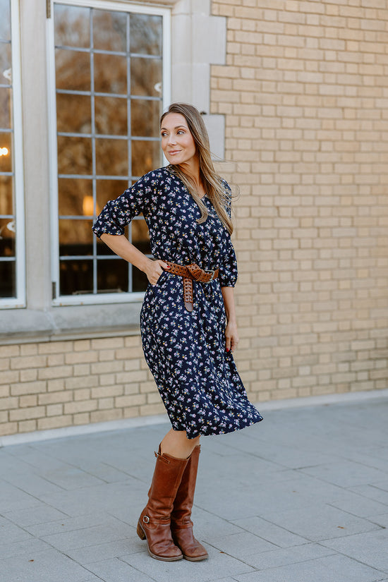 Long Sleeve Tier Dress - Navy Floral