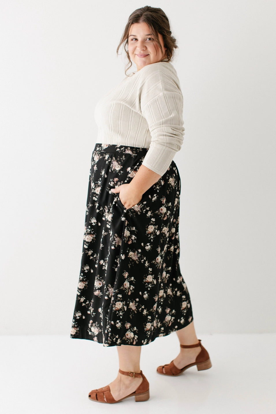 Black Floral Print Midi Skirt