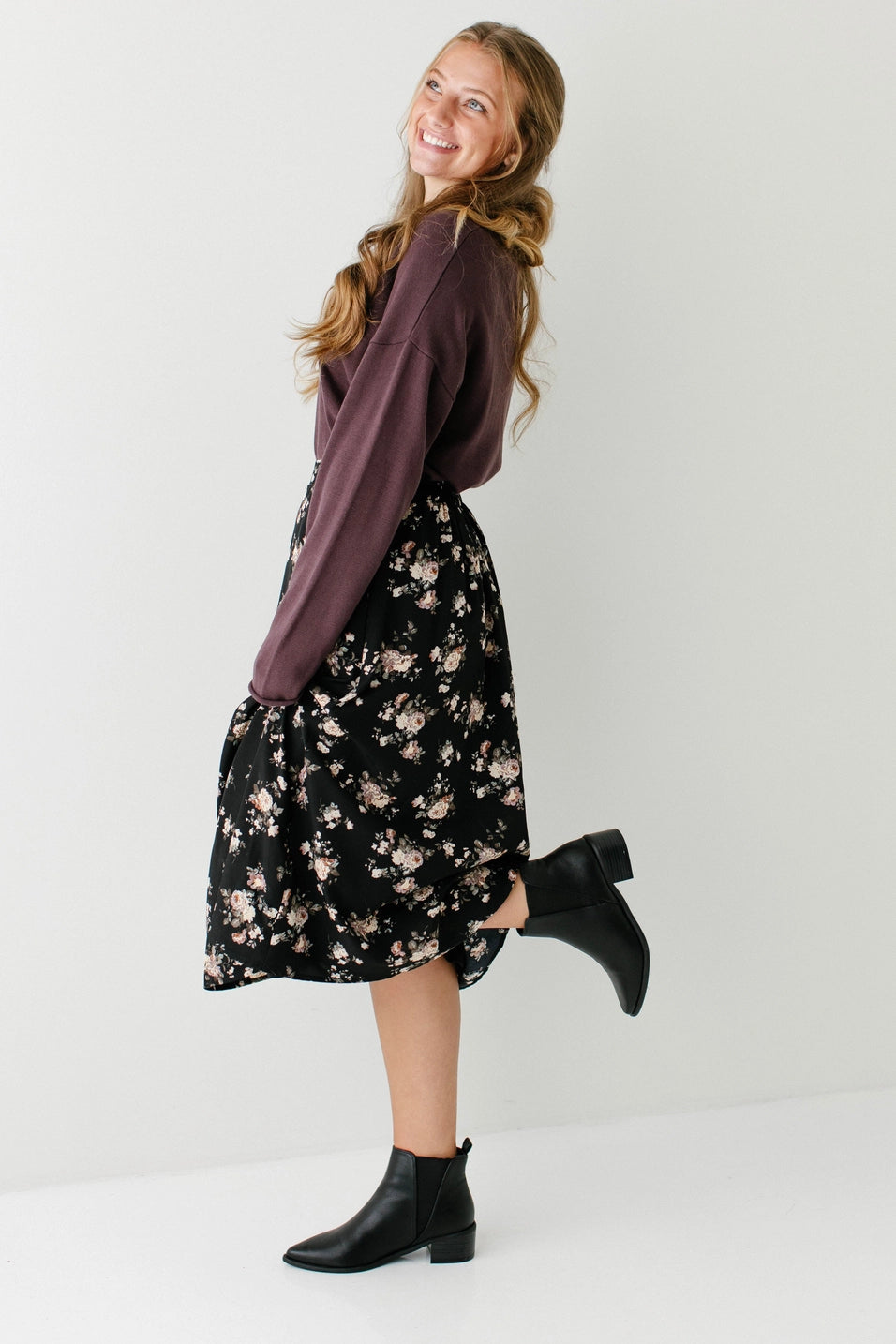 Black Floral Print Midi Skirt