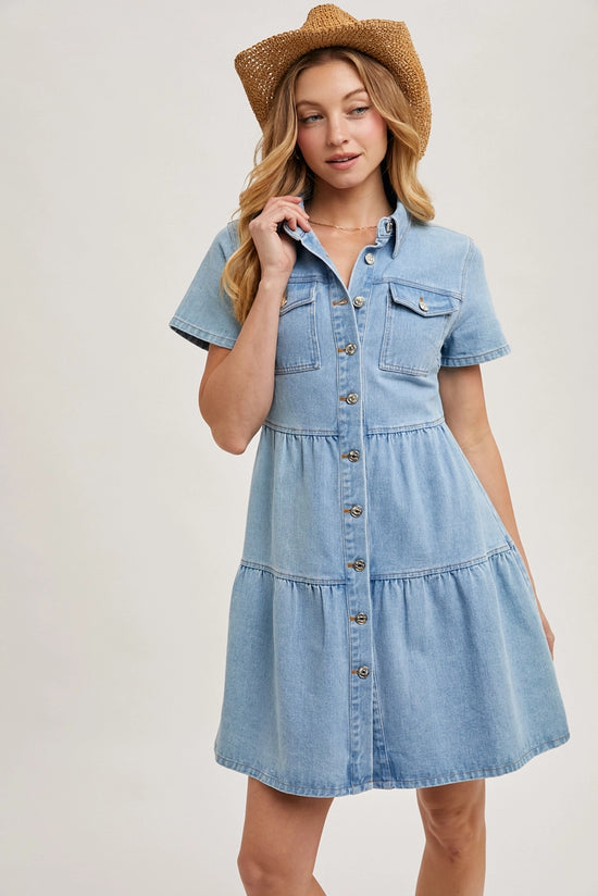 Denim Tiered Button Front Shirt Dress