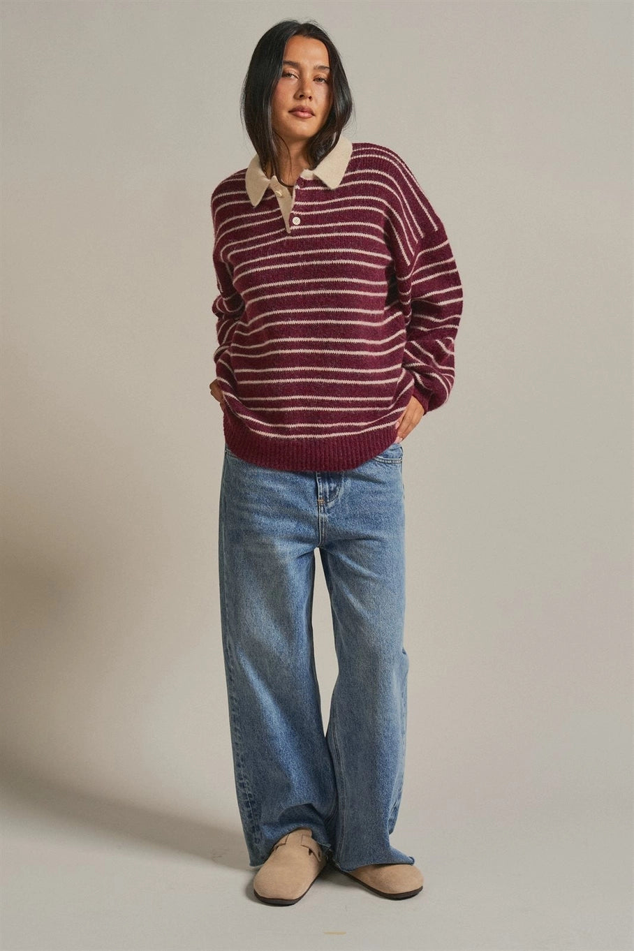 Striped Rugby Polo Sweater with Contrast Collar