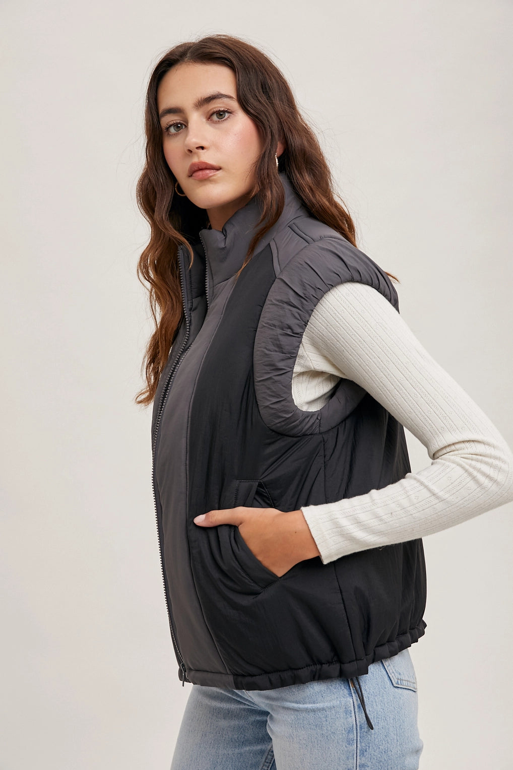 Contrast Puffer Zipper Down Vest | Ash