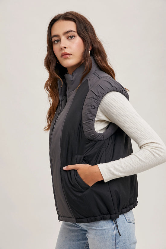Contrast Puffer Zipper Down Vest | Ash