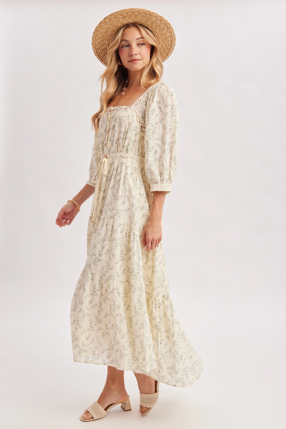 Floral Print Lace Trimmed Square Neck Maxi Dress