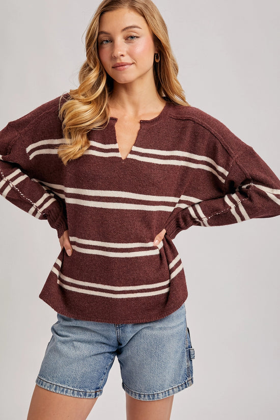 Notch-Neck Striped Knit Sweater