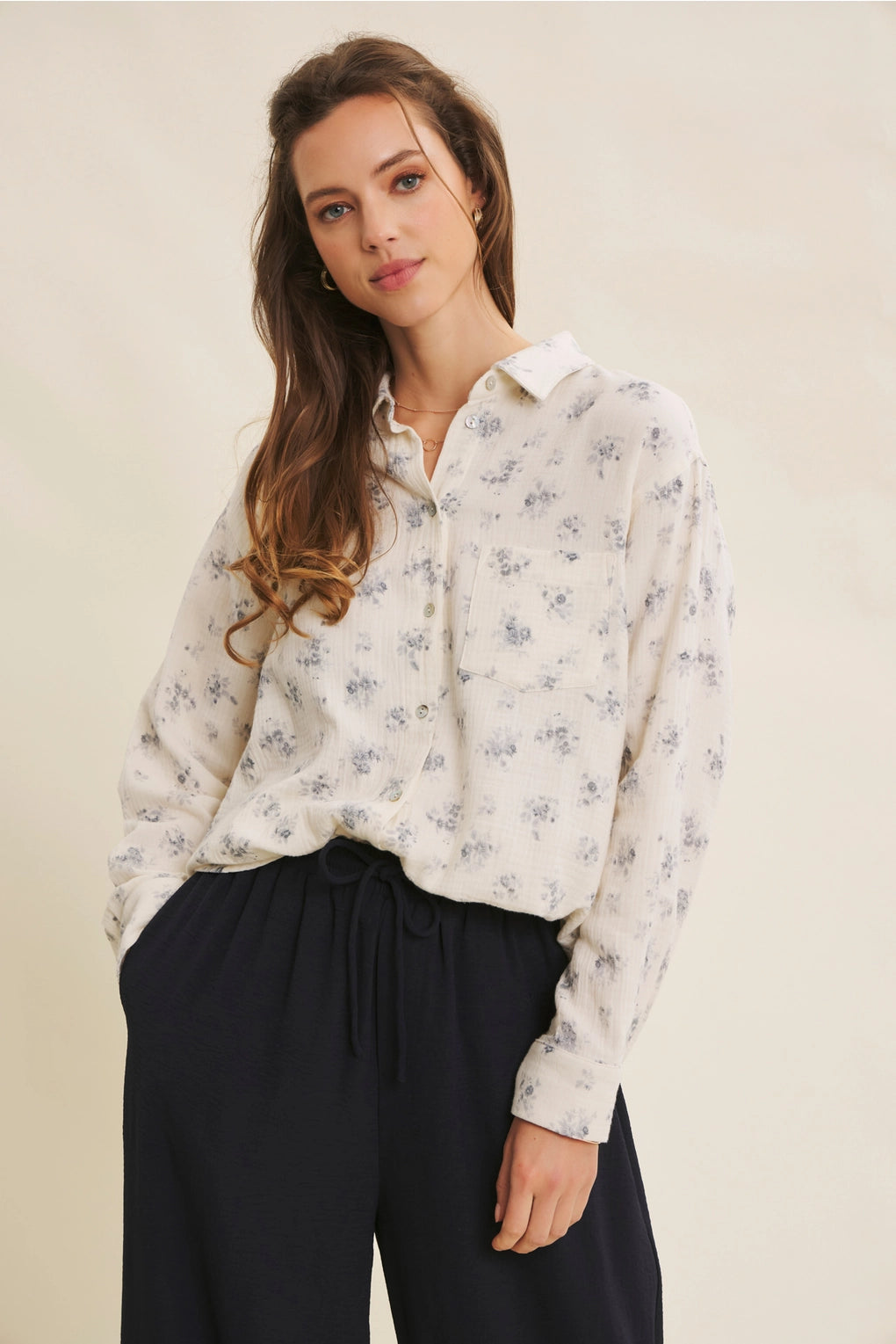 Floral Cotton Gauze Oversized Button-Down Shirt