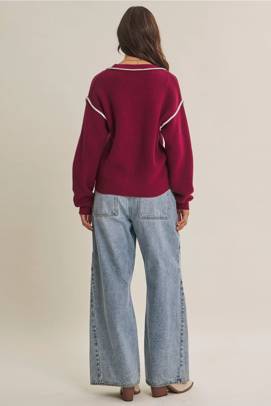 Contrast Stitch Button-Down Cardigan | Burgundy