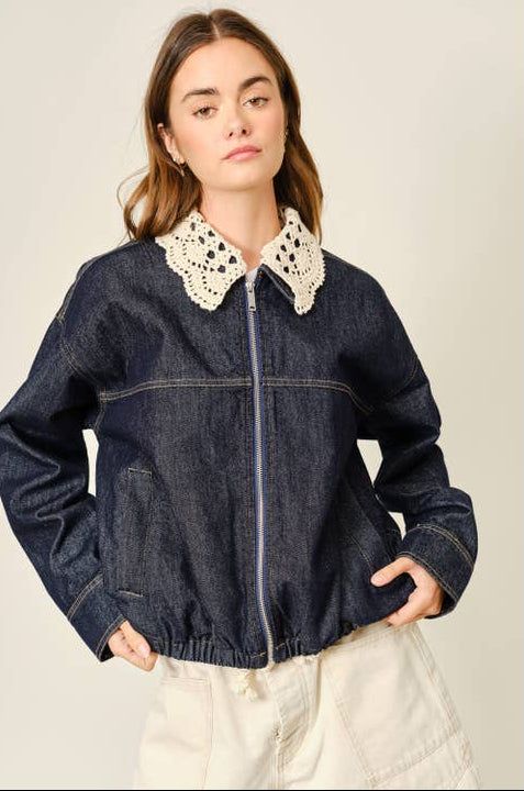 Crochet Collar Denim Jacket