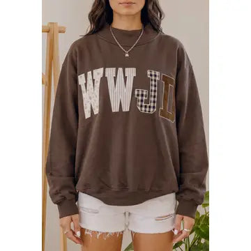 WWJD Embroidered Patch Mock Neck Sweatshirt - Brown