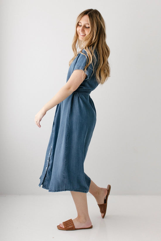 Evelyn Chambray Button Down Midi Dress Dark Wash / XL