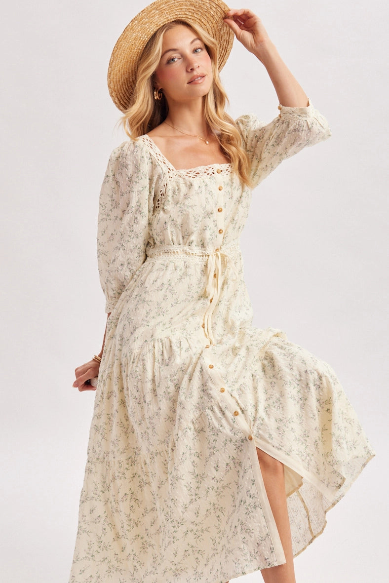 Floral Print Lace Trimmed Square Neck Maxi Dress