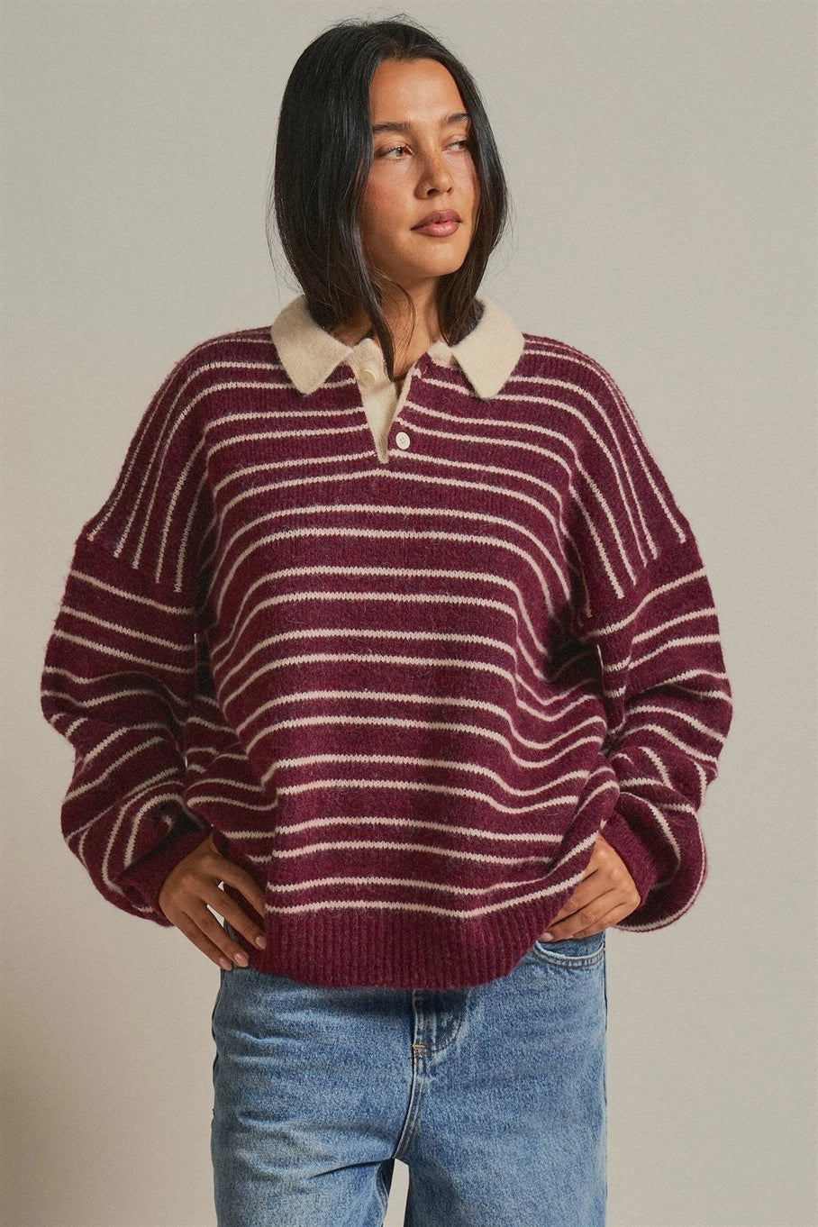Striped Rugby Polo Sweater with Contrast Collar