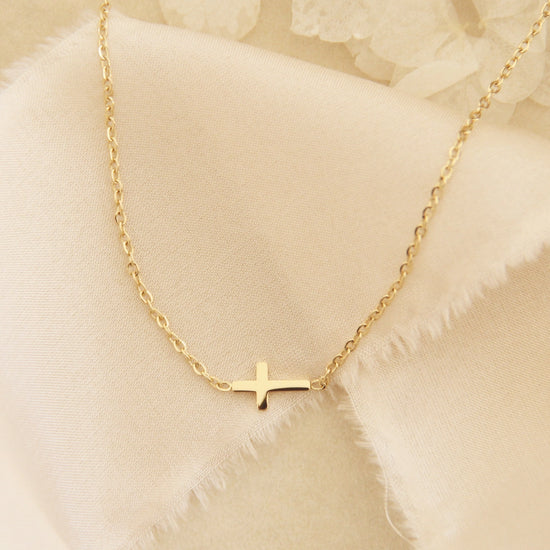 Dainty Sideways Cross Necklace | Multiple Metal Colors