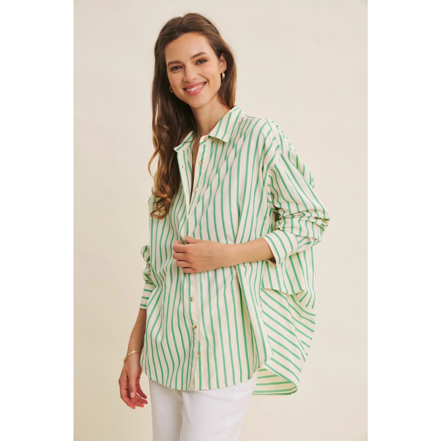 Stripe Button-Down Oversized Shirt | Green/White