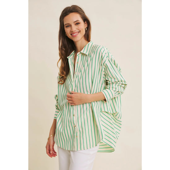 Stripe Button-Down Oversized Shirt | Green/White