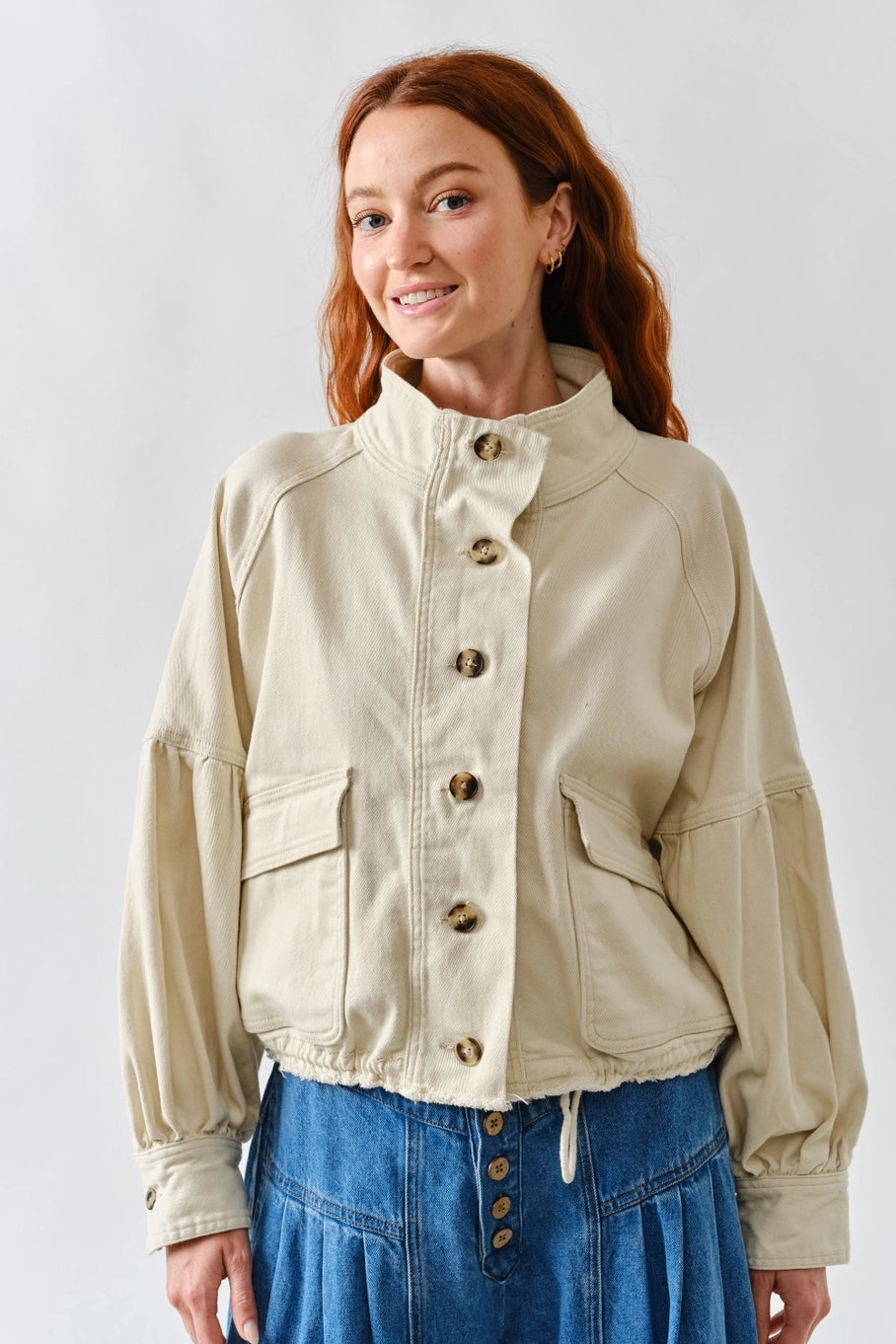 Balloon Sleeve Twill Drawstring Jacket
