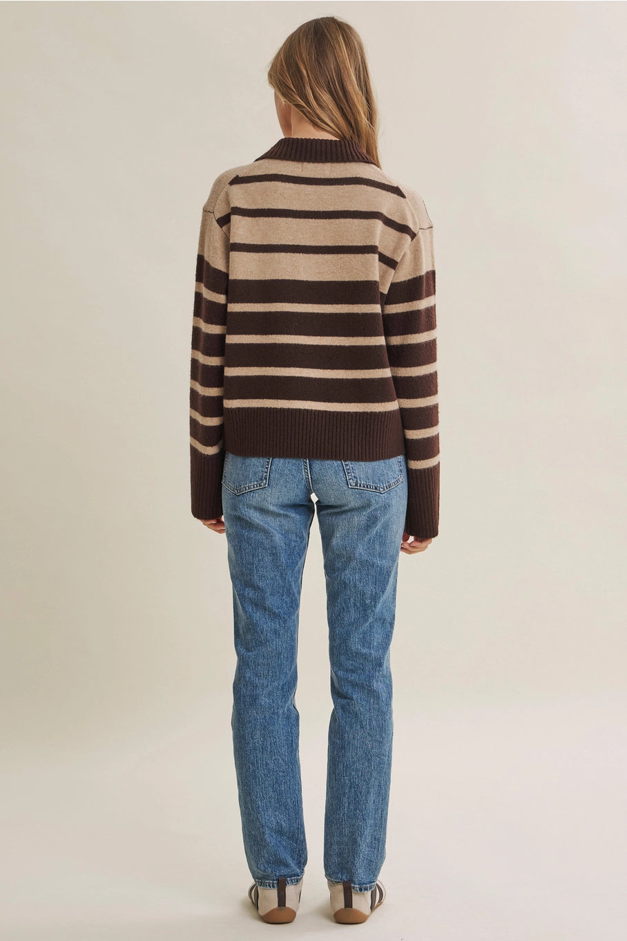 Brown Striped Henley Sweater Pullover