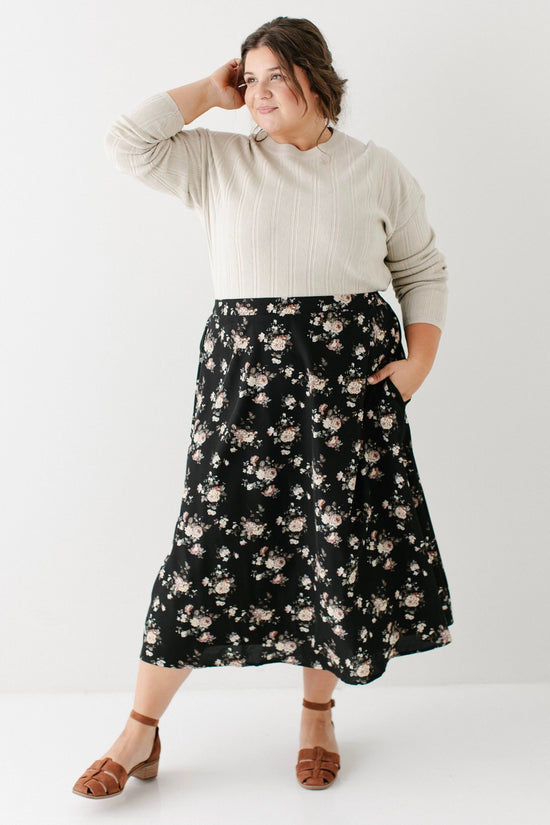 Black Floral Print Midi Skirt