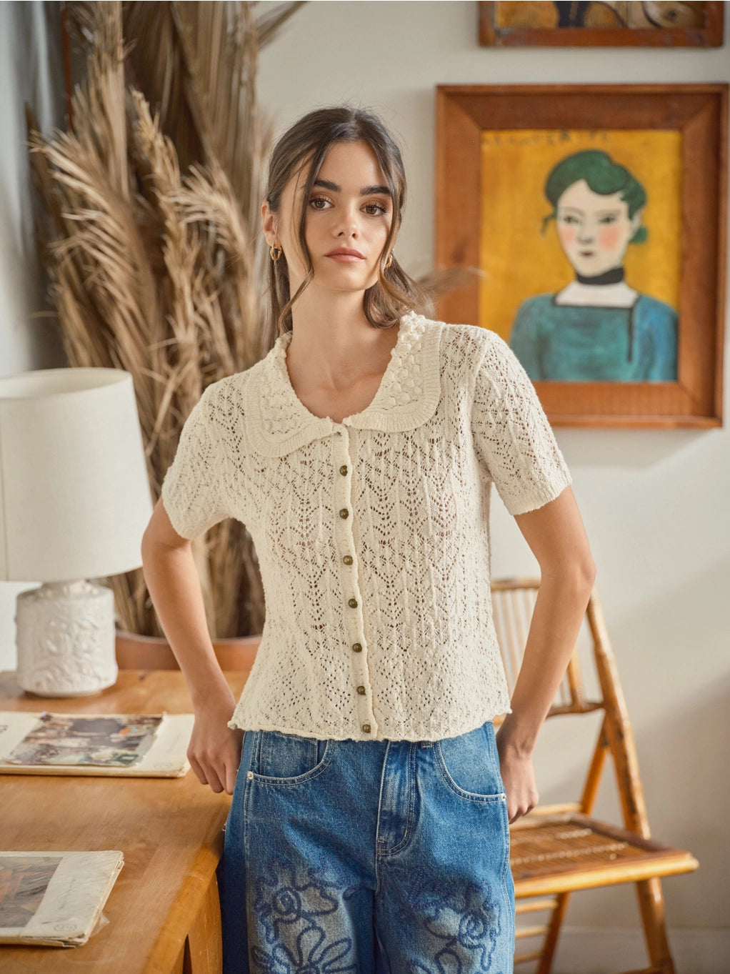 Collared Short Sleeve Cardigan - Cream