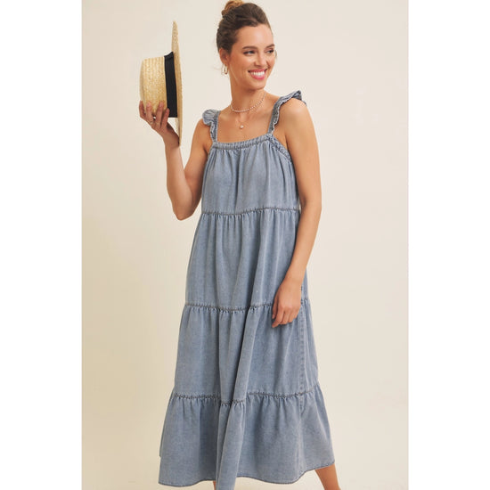 Denim Washed Midi Dress with Ruffles and Back Bow