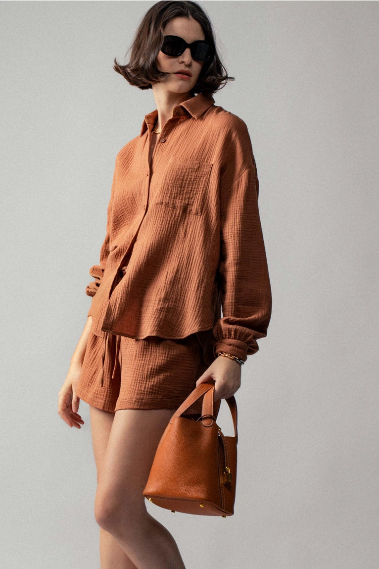 Crinkle Cotton Button-Up Top