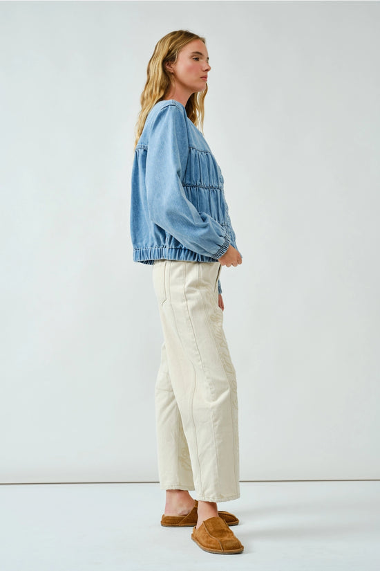 Ruched Seam Denim Bomber Jacket