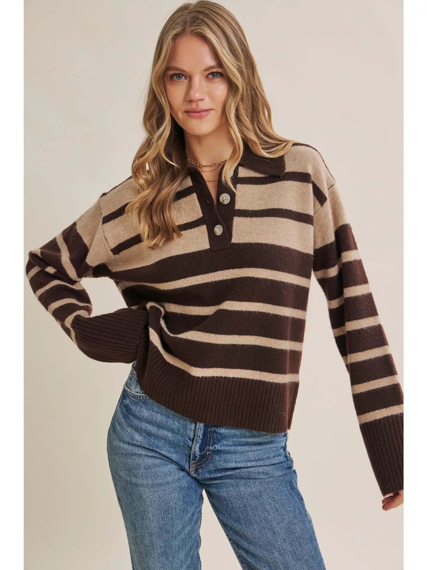 Brown Striped Henley Sweater Pullover