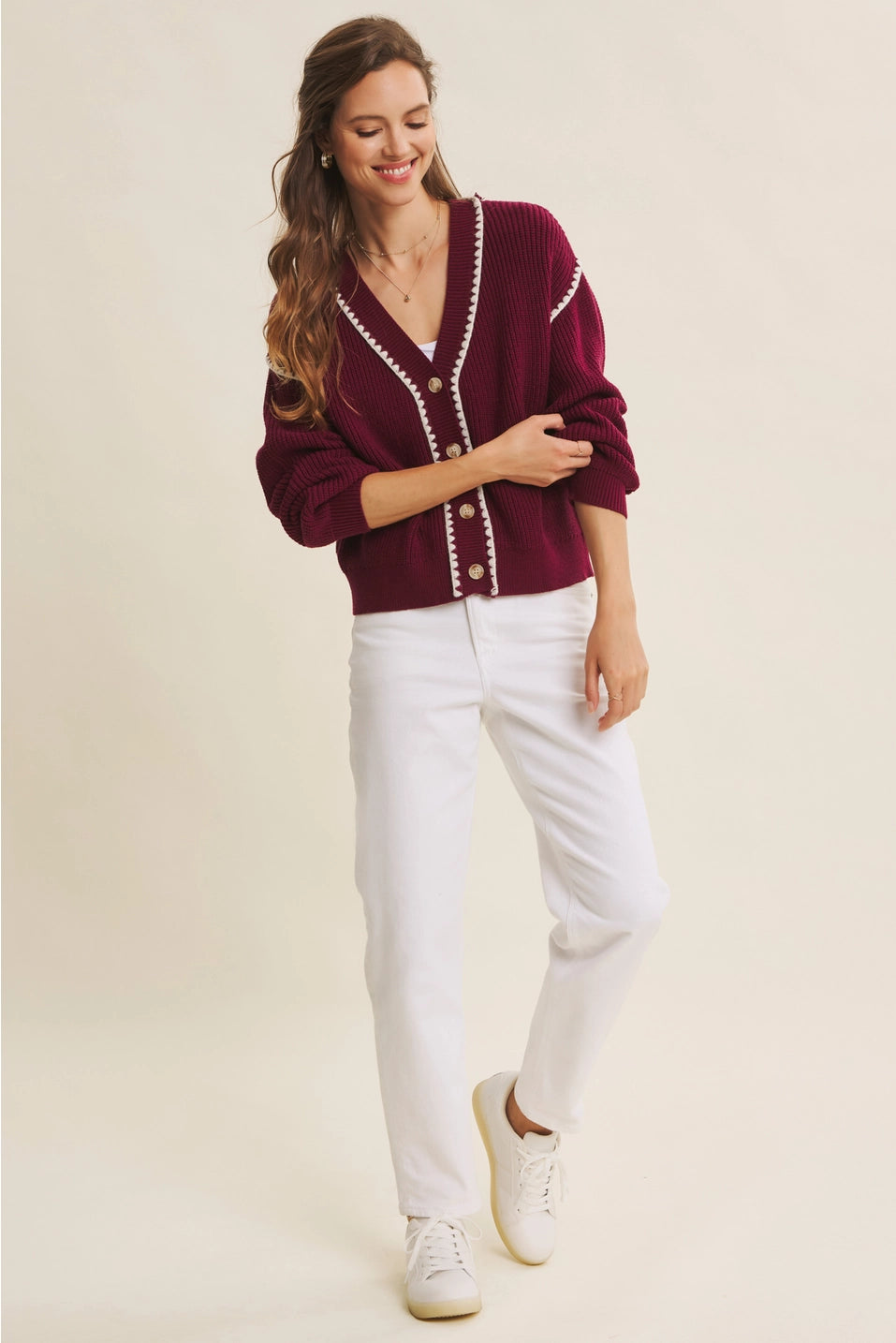 Instant Favorite Contrast Stitch Cardigan | Merlot