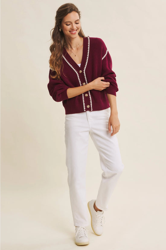 Instant Favorite Contrast Stitch Cardigan | Merlot