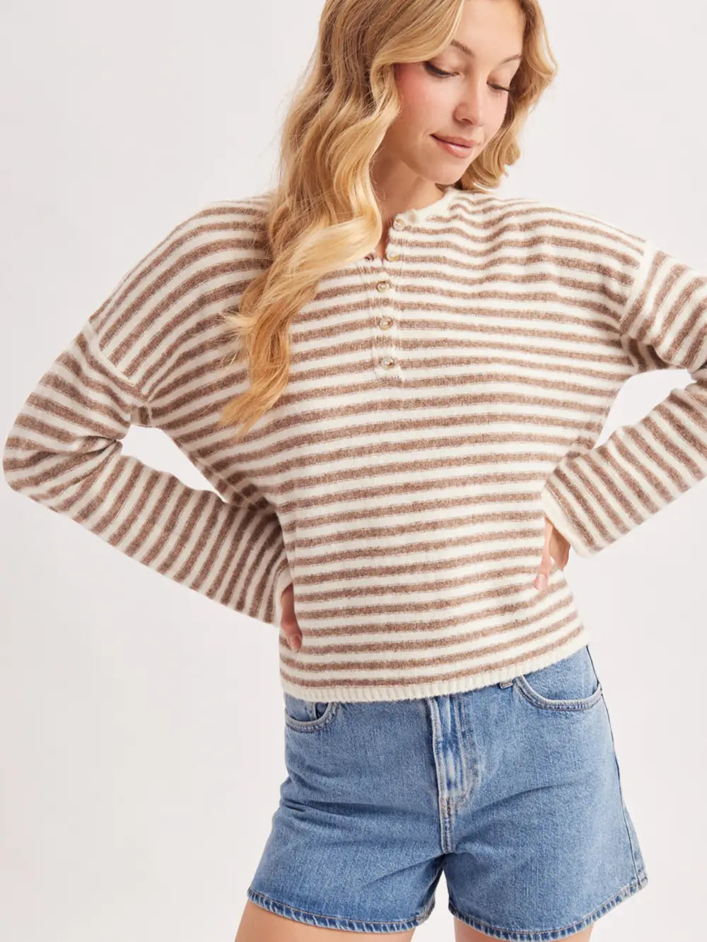 Relaxed Stripe Henley Knit Pullover