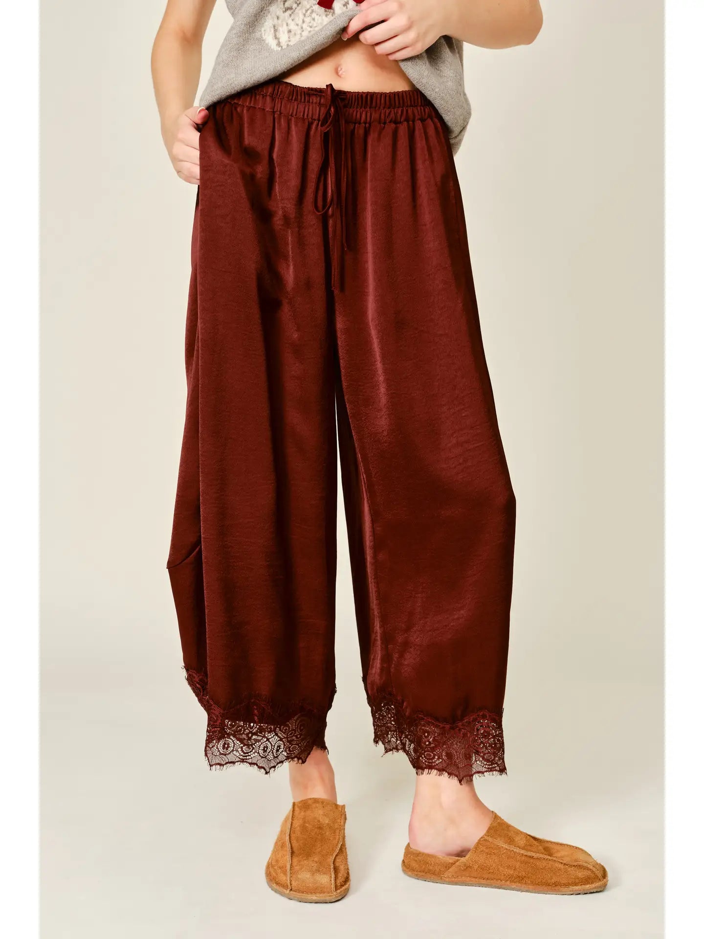 Lace Satin Drawstring Barrel Pants