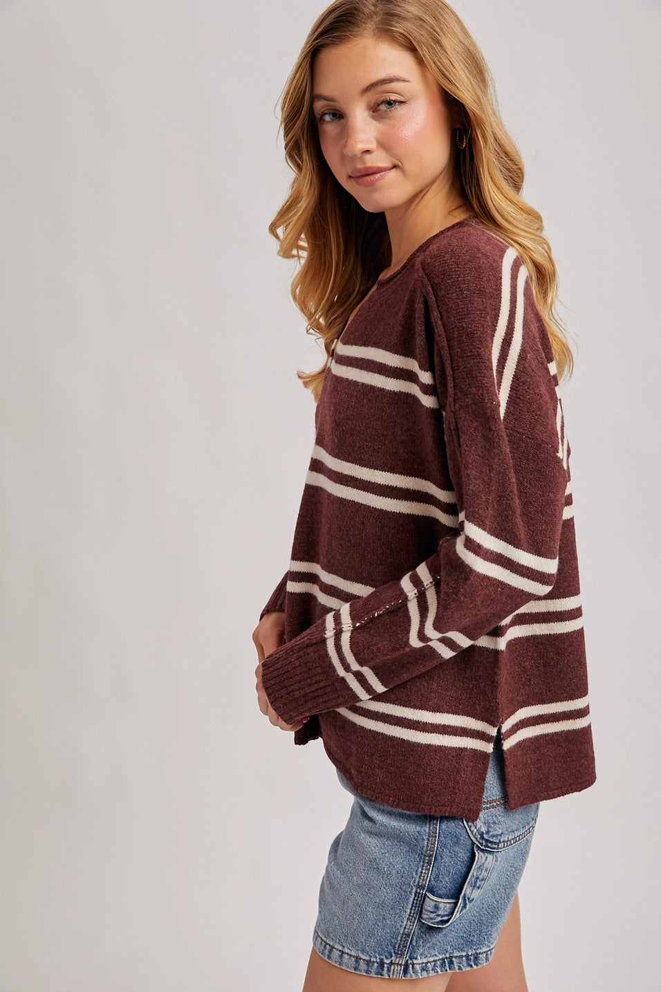 Notch-Neck Striped Knit Sweater