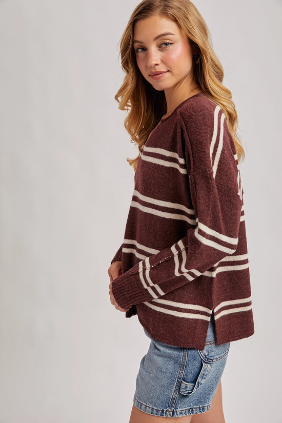 Notch-Neck Striped Knit Sweater
