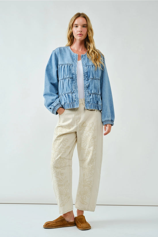 Ruched Seam Denim Bomber Jacket