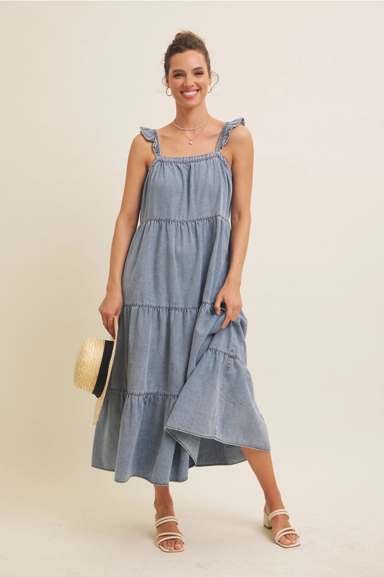 Denim Washed Midi Dress with Ruffles and Back Bow