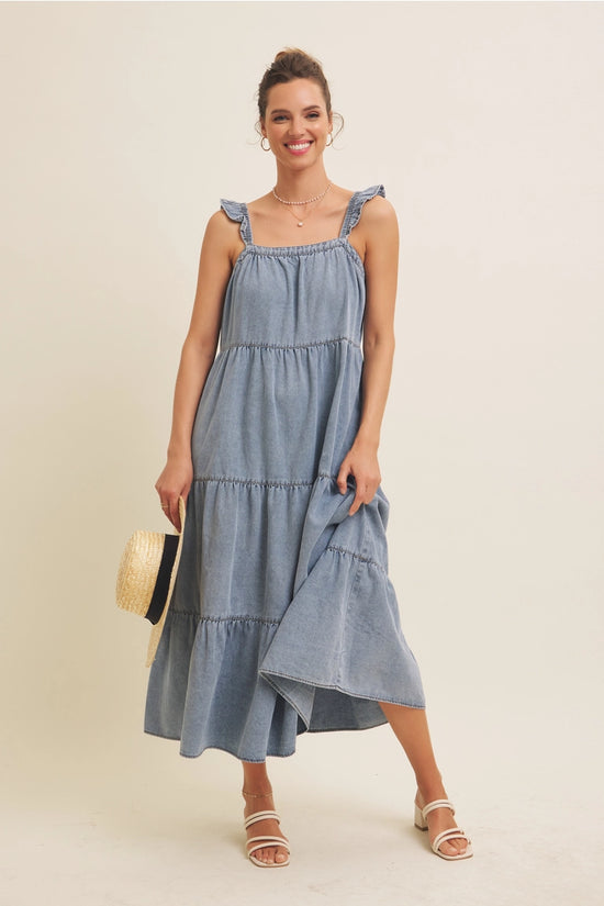Denim Washed Midi Dress with Ruffles and Back Bow