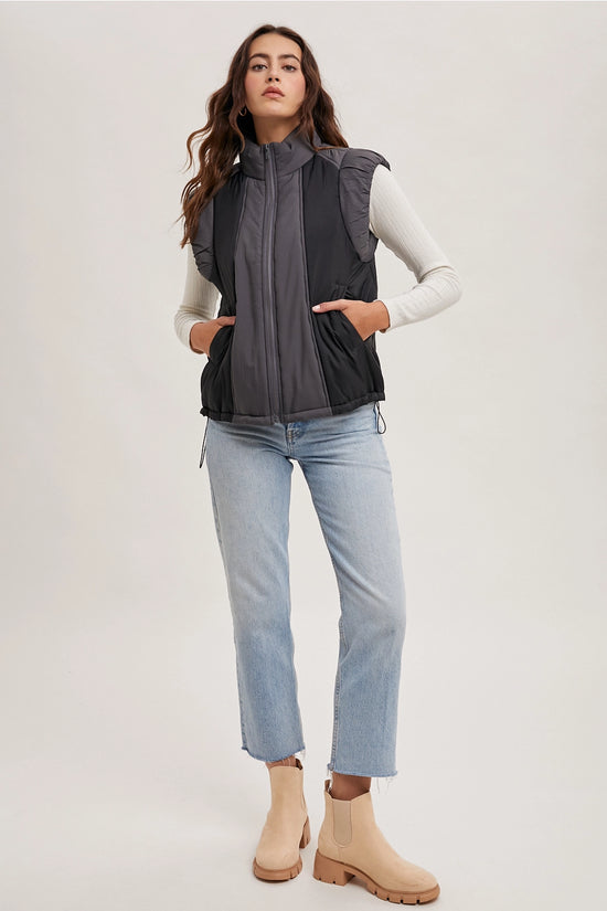 Contrast Puffer Zipper Down Vest | Ash