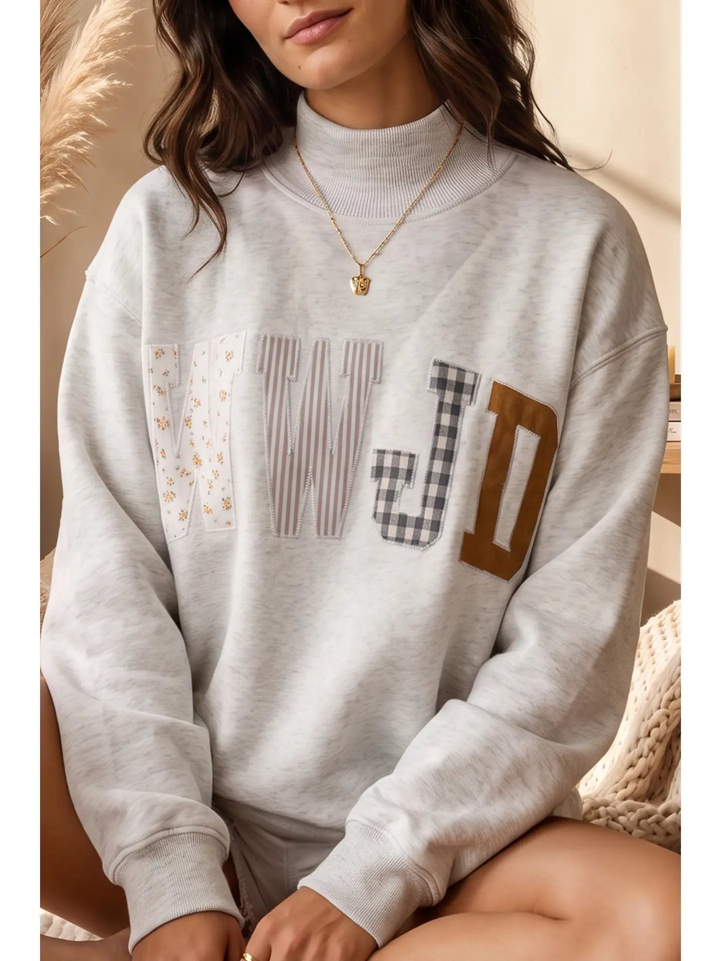 WWJD Embroidered Patch Mock Neck Sweatshirt - Gray