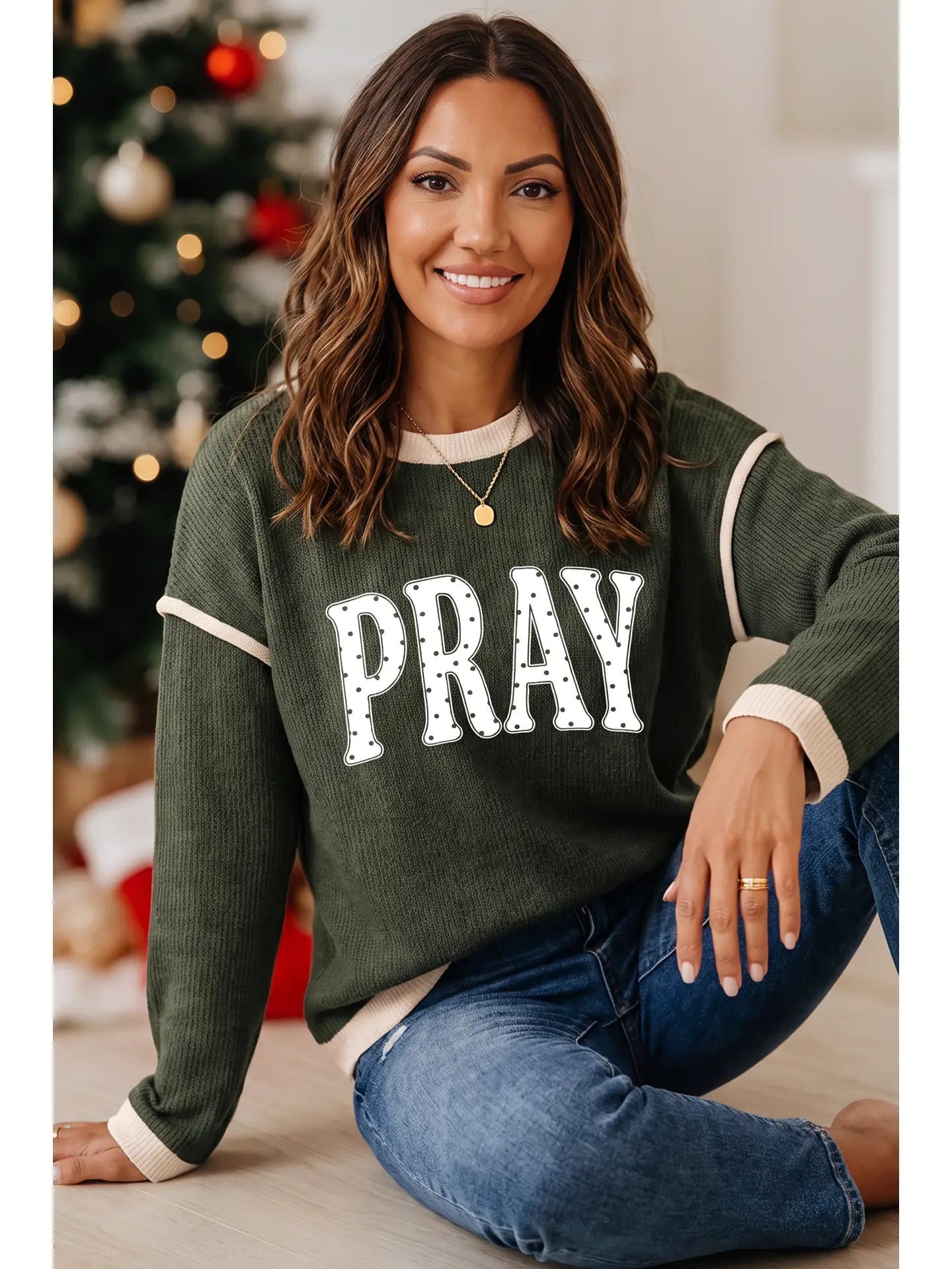 Polka Dot Pray Crew Neck Long Sleeve Top