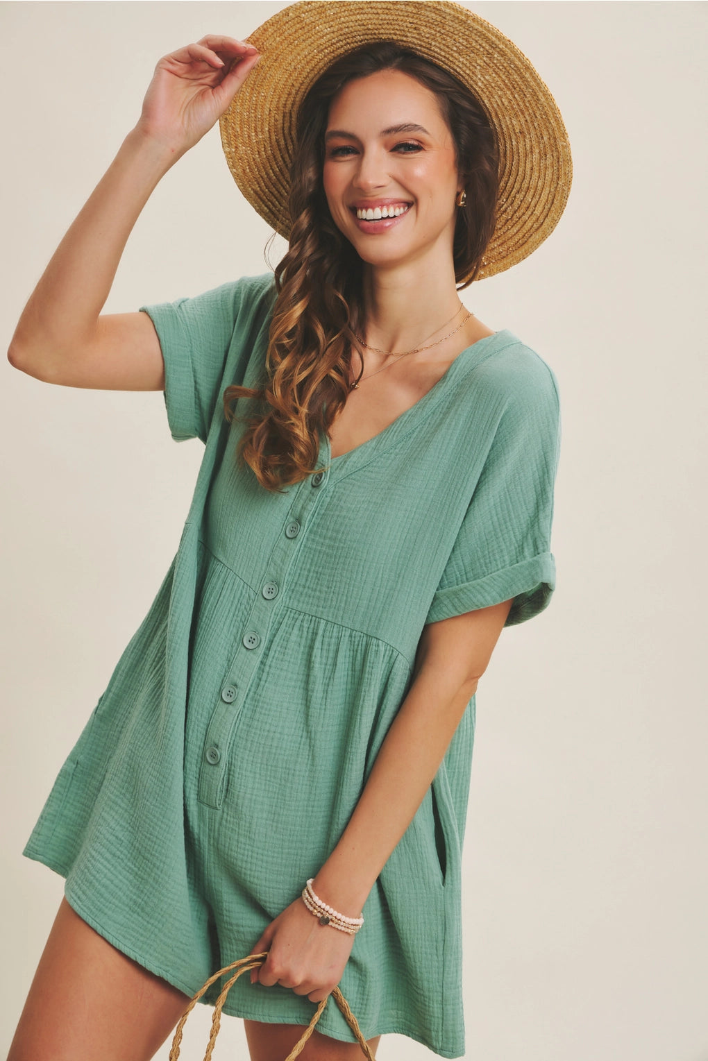 Cotton Gauze Oversized Romper | Spearmint