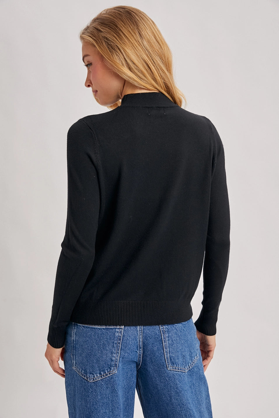 Ribbed Trim Mock Neck Knit Top | Black