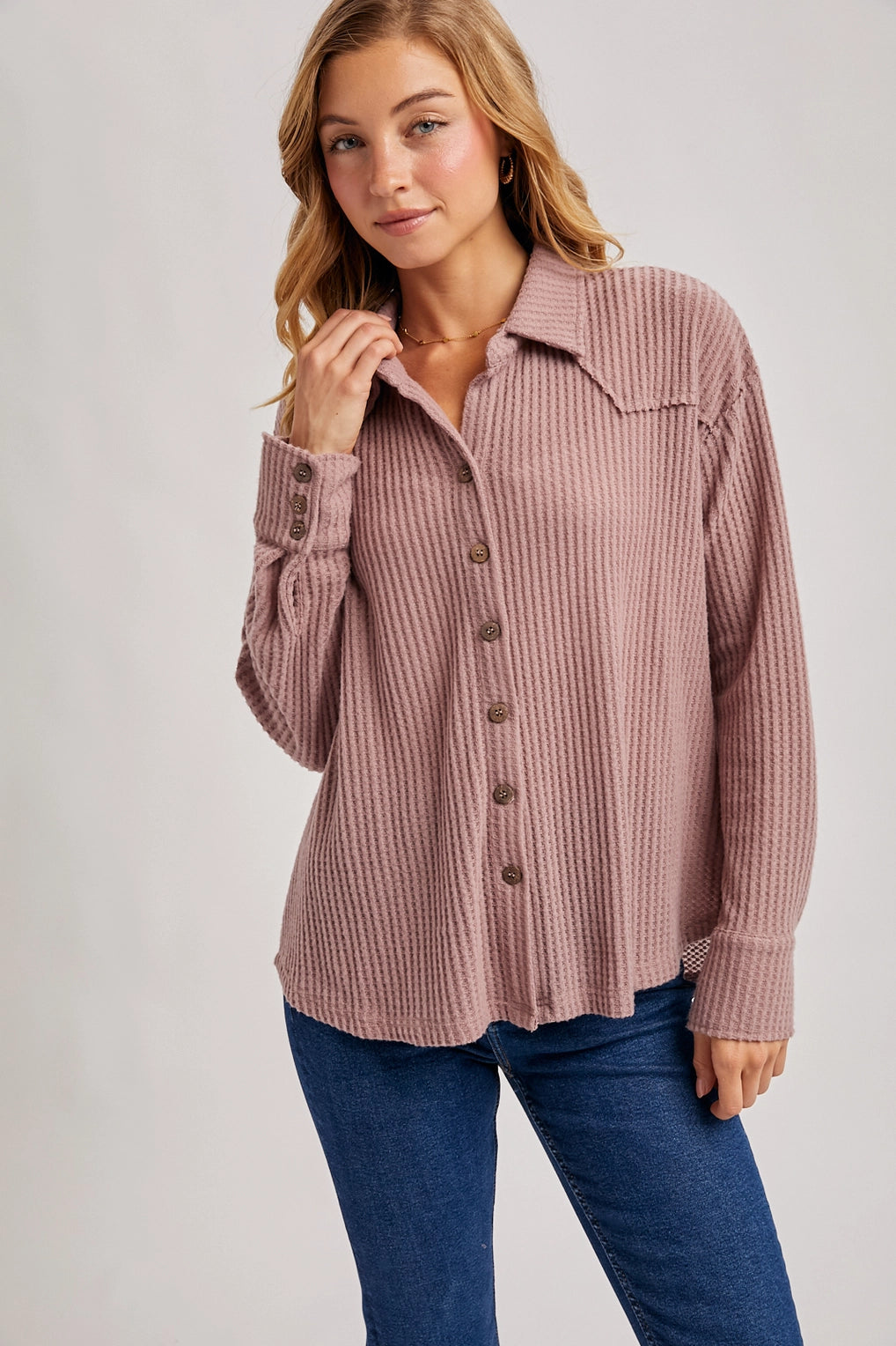 Brushed Waffle Button Up | Mauve
