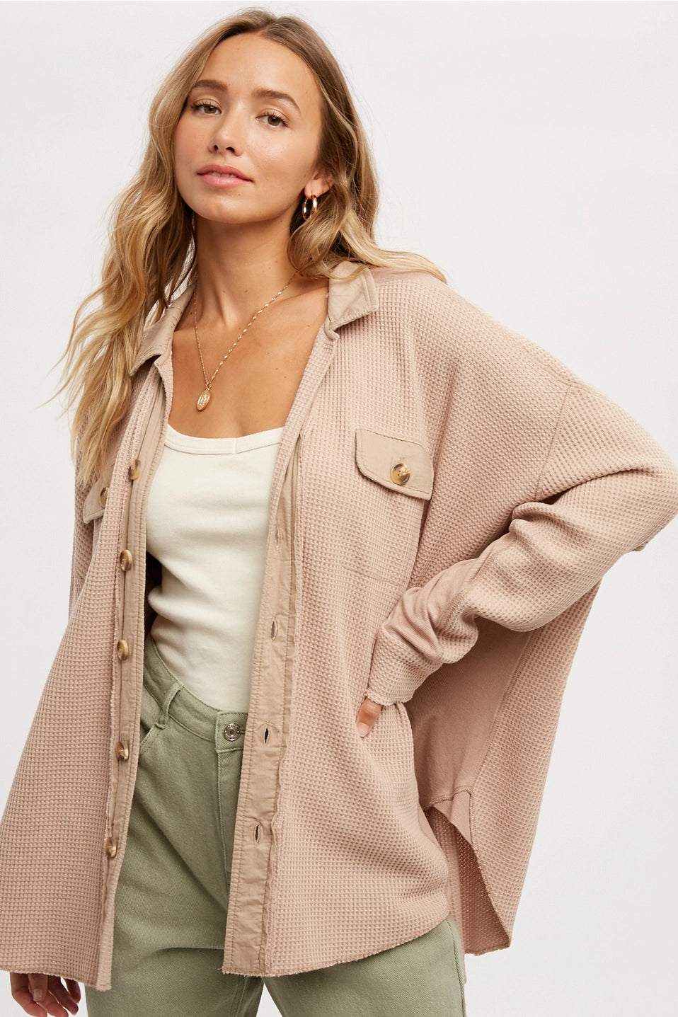 Oversized Waffle Knit Shacket - Latte