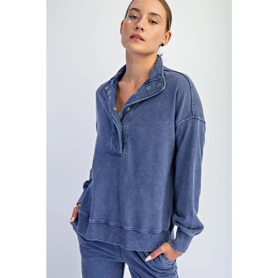 Mineral Washed Quarter Snap Pullover| Navy