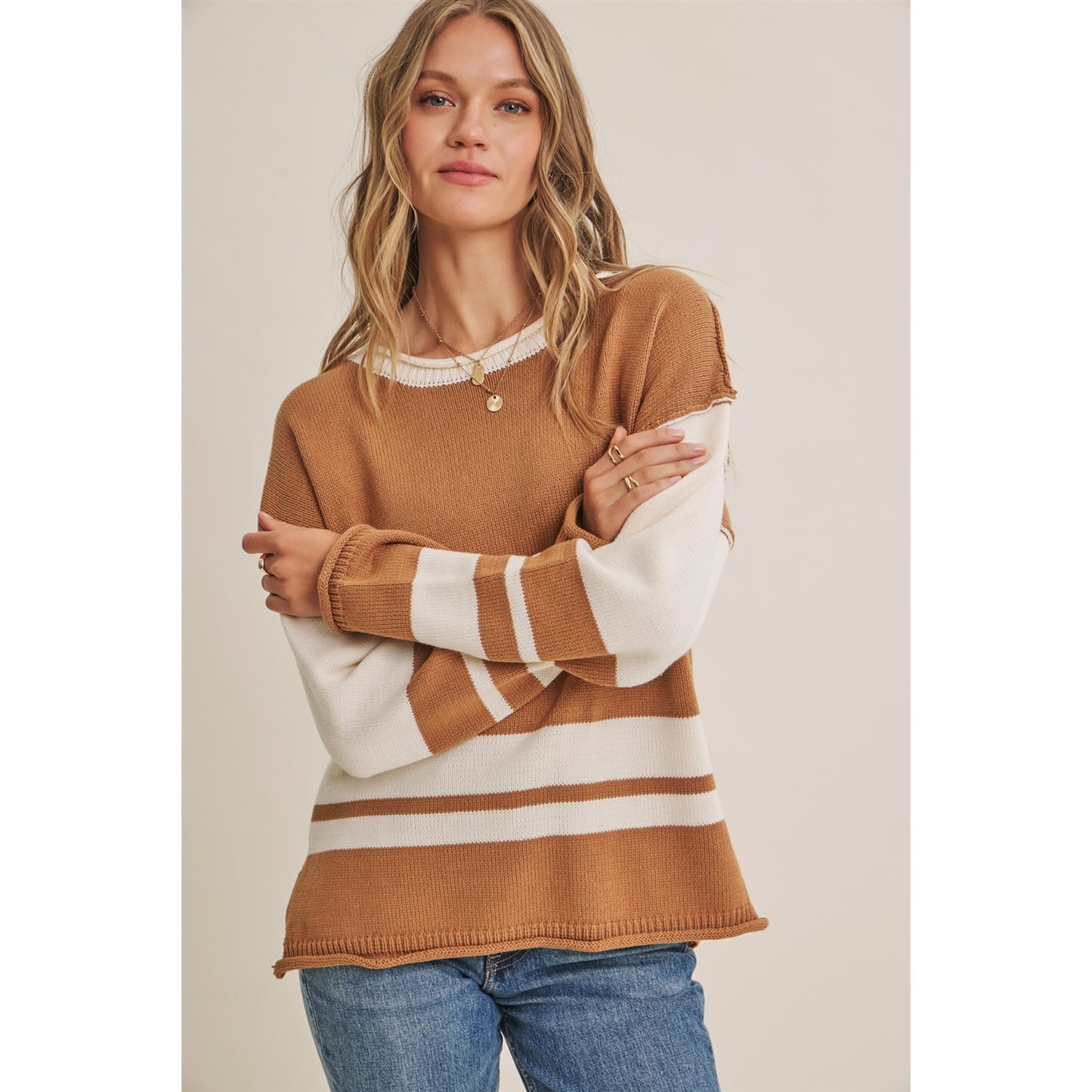 Varsity Stripe Relaxed Sweater | Camel