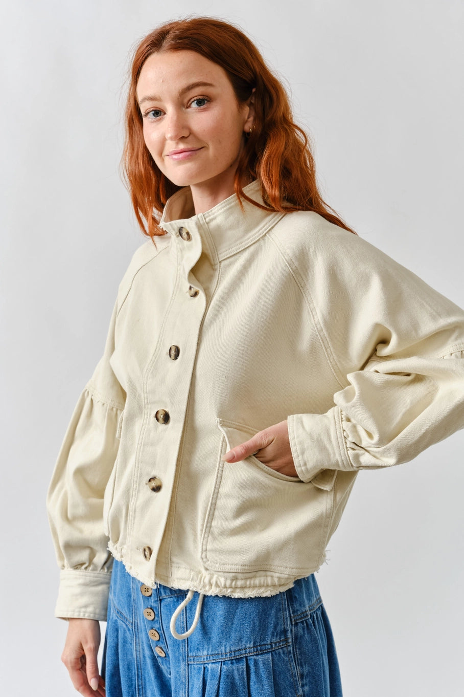 Balloon Sleeve Twill Drawstring Jacket