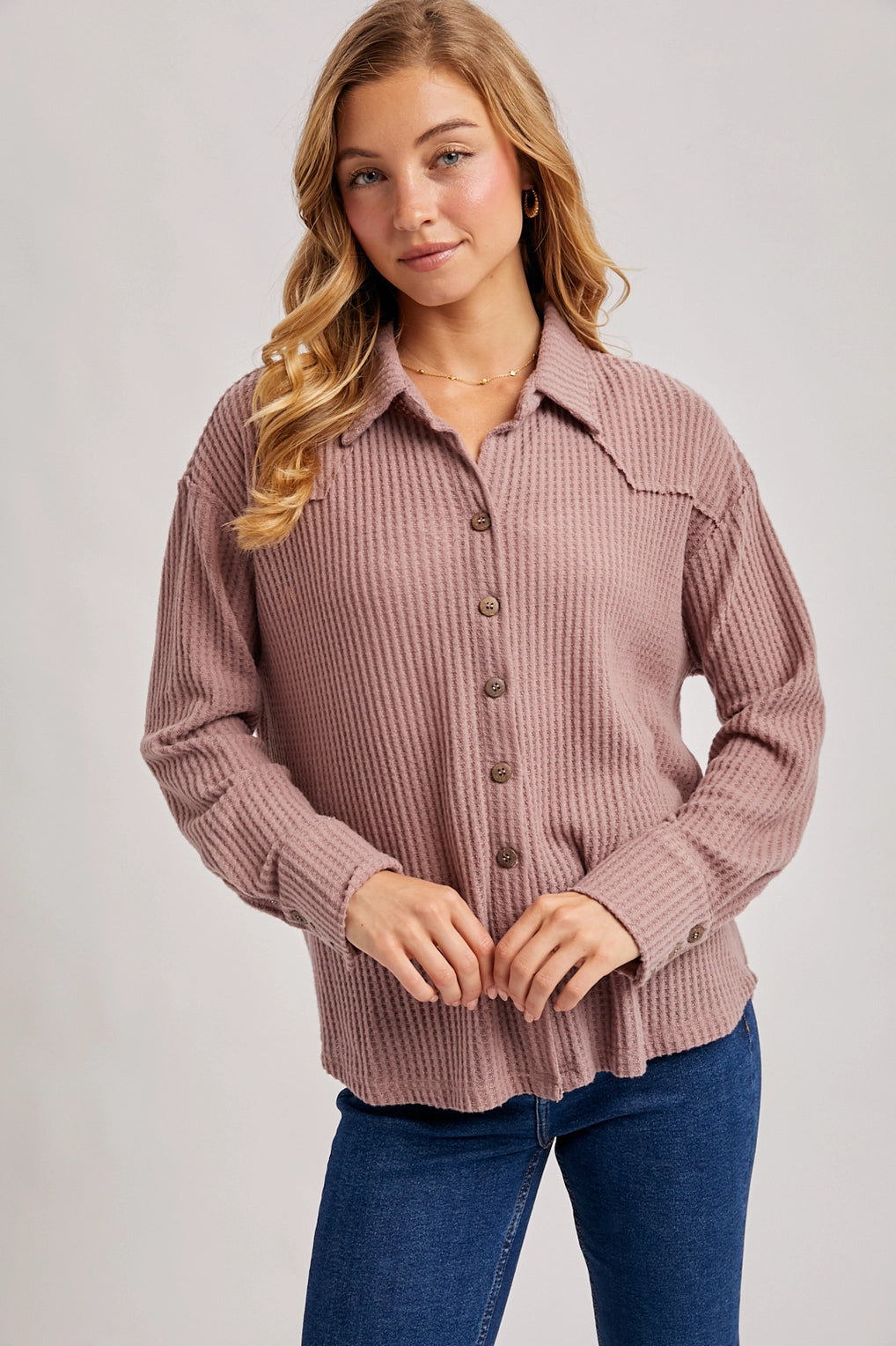 Brushed Waffle Button Up | Mauve