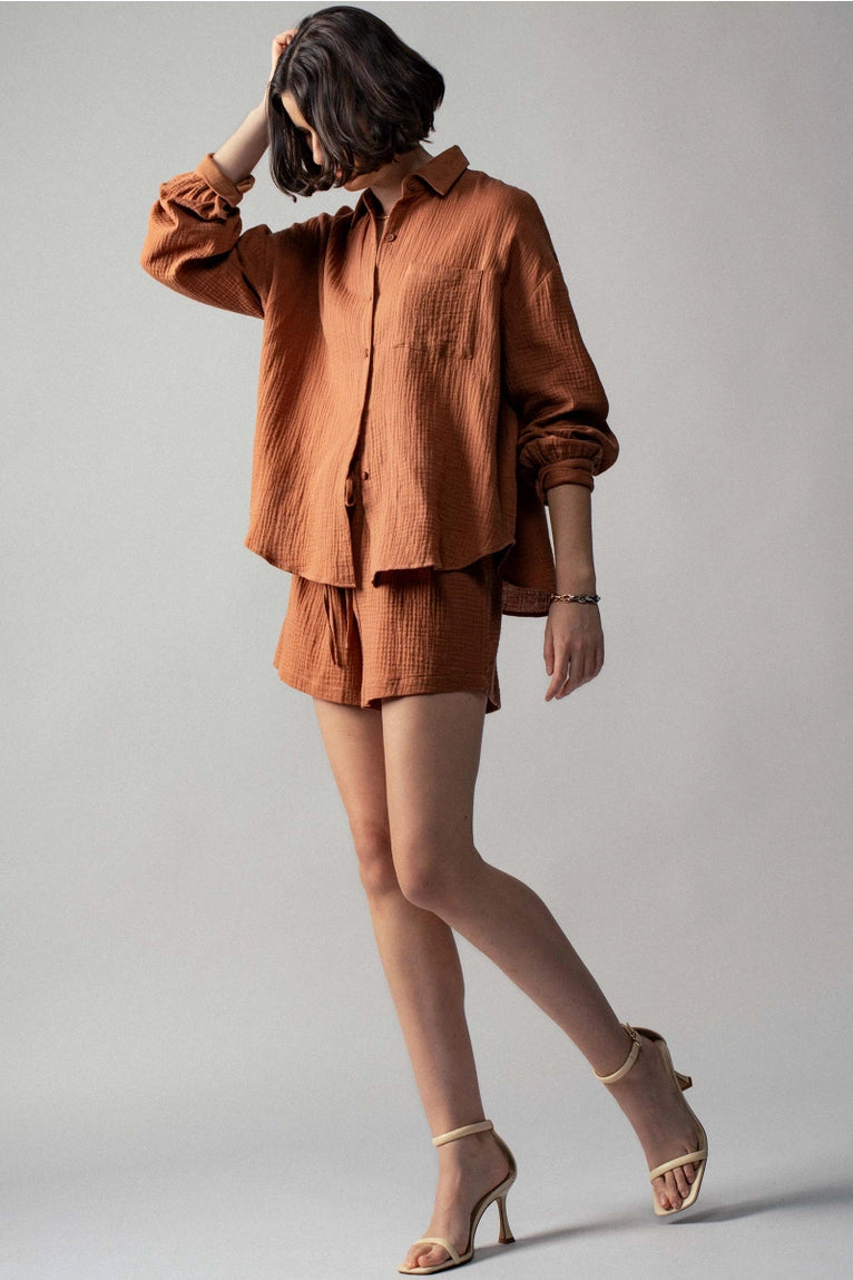 Crinkle Cotton Button-Up Top