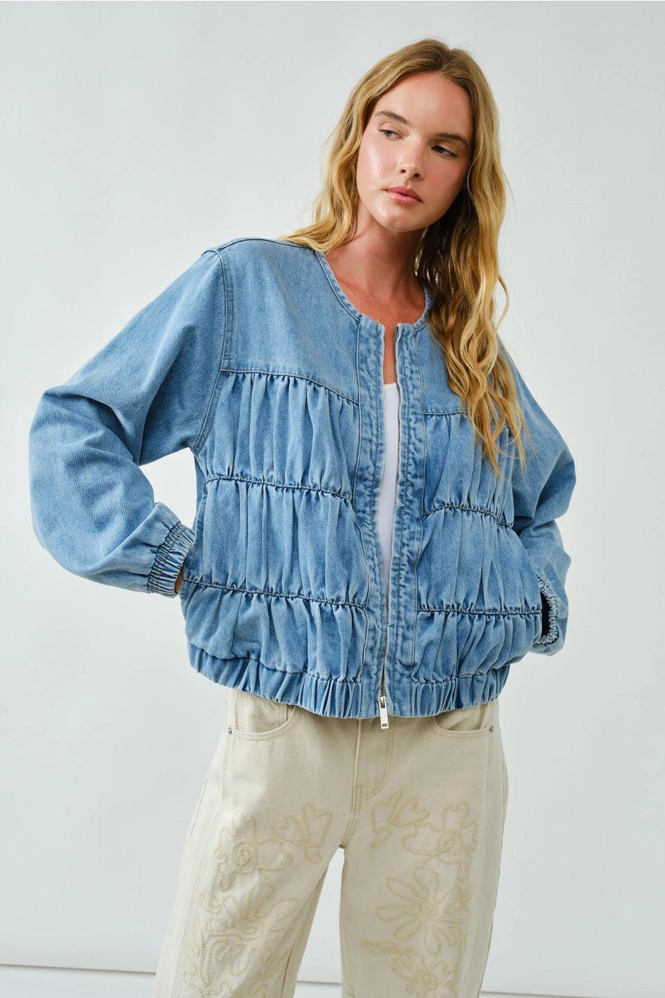 Ruched Seam Denim Bomber Jacket