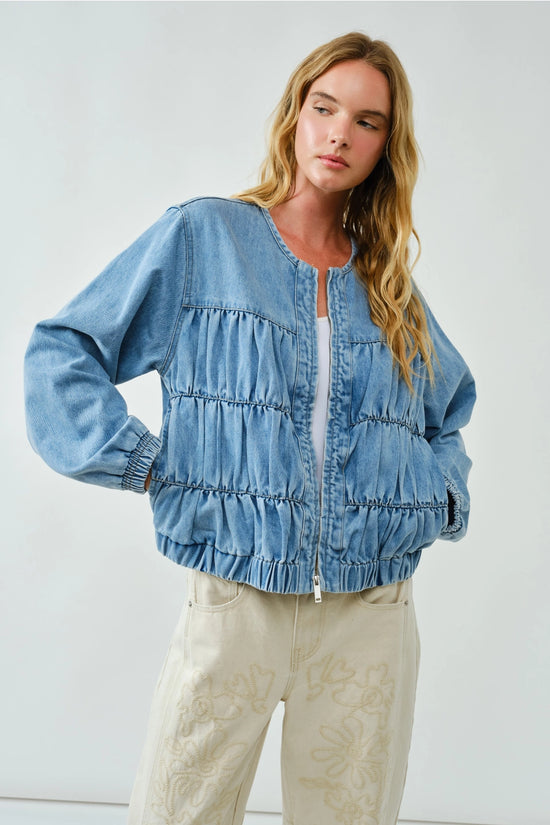 Ruched Seam Denim Bomber Jacket